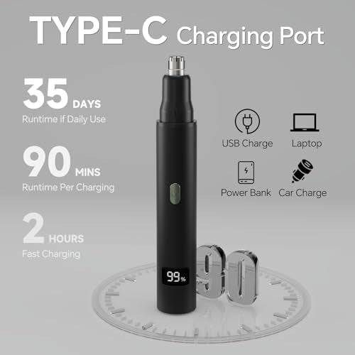 RUIM 3-in-1 Nose Hair Trimmer for Men & Women, Painless Eyebrow Ear Face Groomer, USB-C Fast Charge Waterproof with LED Display, Shower-Safe Travel Kit Gift for Dad Christmas