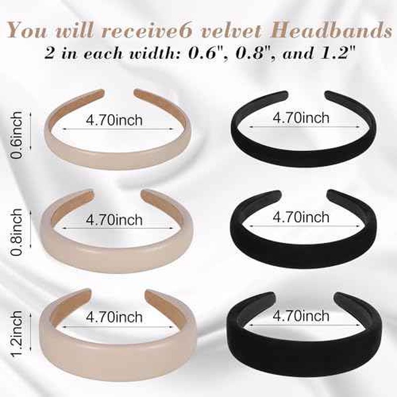 Velvet Headbands for Women and Teens, 6PCS Non-Slip Padded Hairbands with 3 Width Options (0.6", 0.8", 1.2"), Soft Comfortable Hair Accessories for Daily Wear, Makeup, Sports, and Gifts