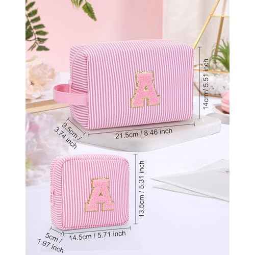 MONSTINA Initial Makeup Bags for Women|Cosmetic Bag for Travel Toiletry - Birthday Gifts for 11 12 13 14 15 16 17 18 Years Old Girls- Graduation Teen Girl Gifts Trendy Stuff Teacher Gift,2PCS,Pink S