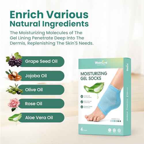 Welnove Moisturizing Heel Socks - 2 Pairs Aloe Vera Extract Infused Gel Lining for Dry Feet - Cracked Heel Repair Treatment - Cotton Socks for Women Men Foot Care (Regular Sizes)