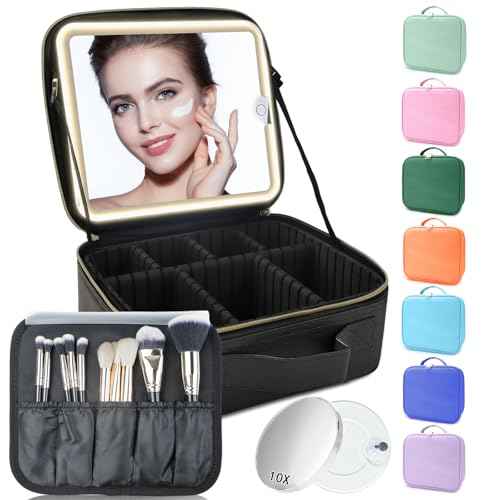 Makeup Bag with Led Mirror,Travel Makeup Organizer with 3 Color Setting & 10X Magnifying Mirror, Portable Storage and Adjustable Dividers Travel Makeup Bag-black