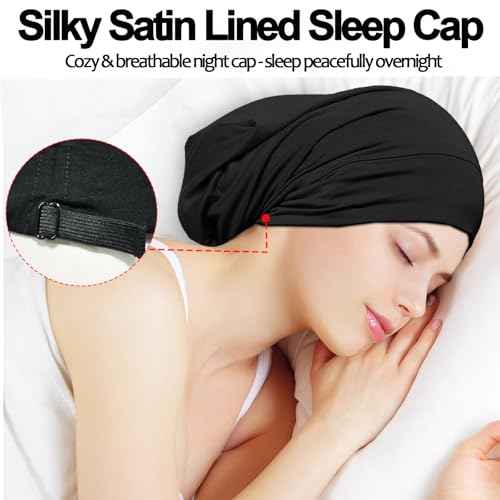 Satin Bonnet for Sleeping Night Cap, Adjustable Satin Lined Silk Bonnets Sleep Cap for Curly Hair Braids Beanie Black Women
