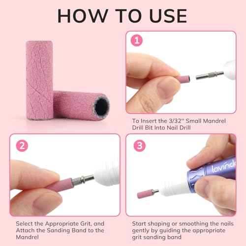 Lavinda Small Sanding Bands Nail Drill Bit, 80 Piece Extra Fine Sanding Bands for Nail Drill with 3.1mm Mandrel Bit for Acrylic Nails Gel Removing Shaping Polishing Nail Salon Use (240 Grit, Pink)