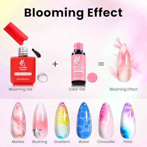 Lavender Violets 15ml Blooming Gel Nail Polish - Clear Blosom Gel Polish Soak Off for Spreading Graffiti Marble Flower Watercolor Floral Print Effects, Magical DIY Manicure A106