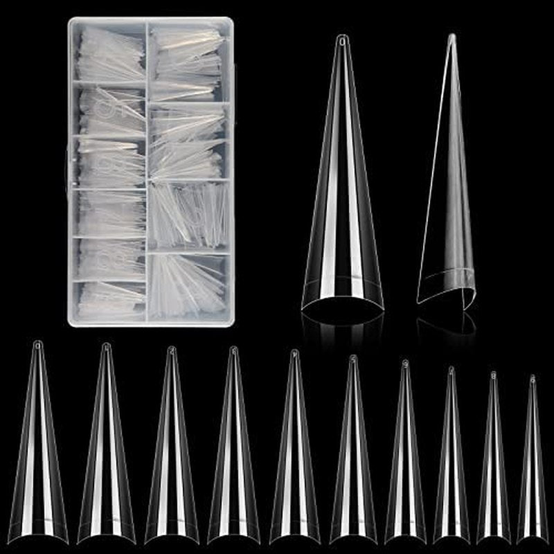 Stiletto Nail Tips - 500 Pcs XL Long Clear Acrylic False Nails | Half Cover Tapered Square for DIY Nail Art (10 Sizes)