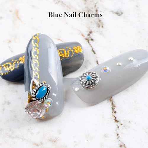 50 PCS Metal Turquoise Nail Charms - Western Cowboy Nail Art Decorations, 3D Nail Gems for DIY Manicure, Mixed Shapes Nail Accessories for Gel Acrylic Nails (Blue)