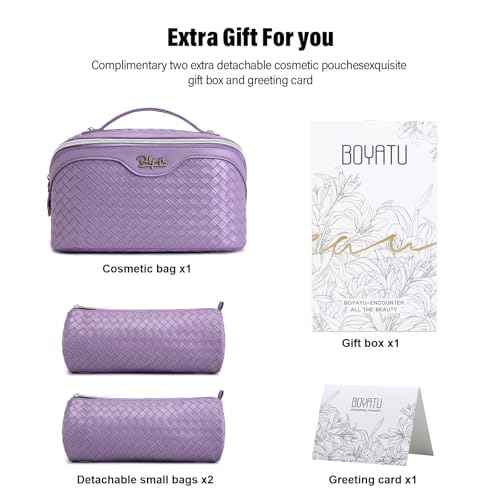 BOYATU Travel Makeup Bag Cosmetic Bags for Women: Large Capacity 3 Pcs Set Make up Bag with Compartments - Waterproof Vegan Leather Toiletry Organizer Bags with Handle - Travel Essentials(L01 Purple)