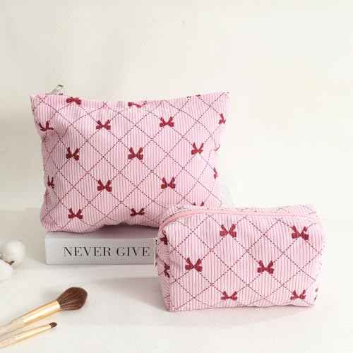 LYDZTION 2PCS Cute Corduroy Makeup Bag Set for Women, Small Travel Toiletry Bag, Coquette Cosmetic Pouch With Bow, Portable Versatile Zipper Pouch - Pink