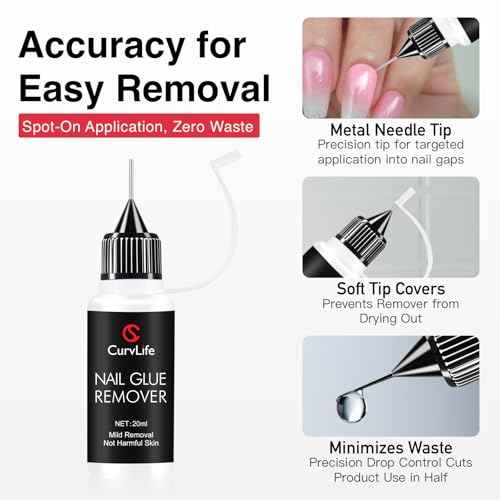 Curvlife 20ml Pinpoint Nail Glue Remover for Press on, Multi-Functional Remover for Nails Tips, Gentle Glue Remover for Gel x Nails, Non-Acetone Nail Polish Remover