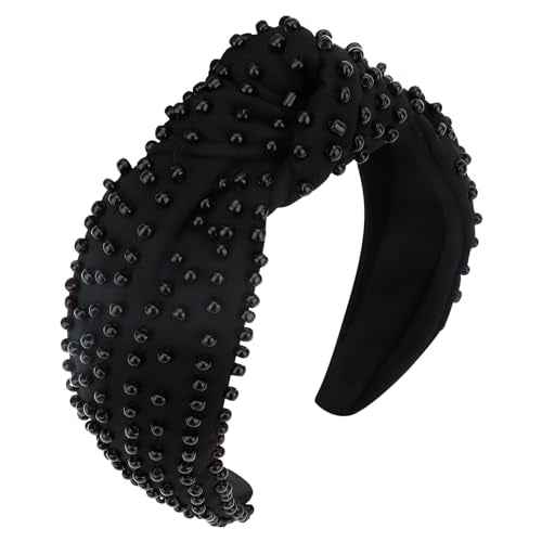 YISSION 1PC Pearl Knotted Headband for Women Non Slip Beaded Headband Wide Pearl Headbands for women Jeweled Embellished Hairband Black Head Band Hair Accessories for Women Girls