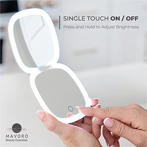 Mavoro LED Lighted Travel Makeup Mirror | 1x/10x Magnification | Rechargeable USB-C | Pocket & Purse Portable Lighted Travel Makeup Compact Mirror, Touch Sensor (Champagne Gold)