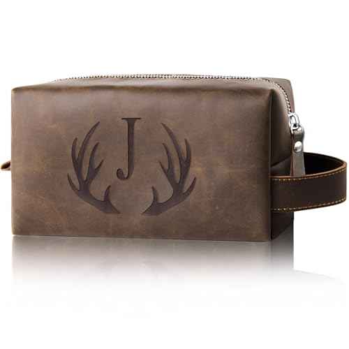 Unique Fathers Day Birthday Gifts Engraved Initial Travel Toiletry Bag for Men Personalized PU Leather Waterproof Shaving Bag for Toiletries Accessories Travel Essentials for Him (J)