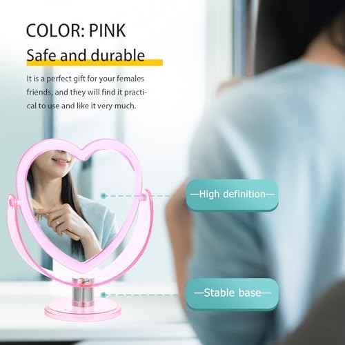 Heart Shaped Pink Makeup Mirror - Double-Sided Rotatable Vanity Mirror for Dresser, Desktop, Bathroom, Bedroom