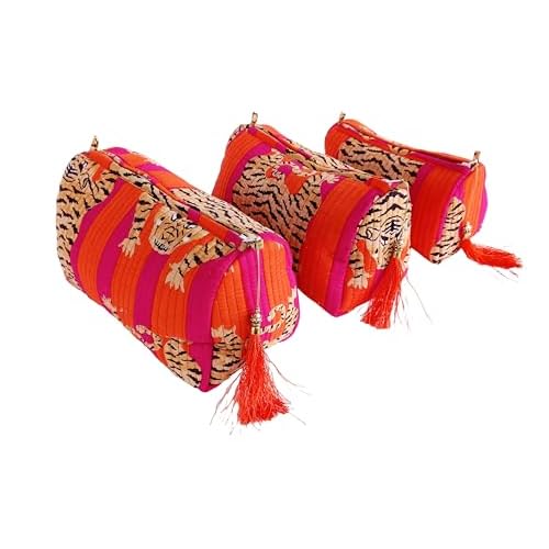 Rastogi Handicrafts Cosmetic Bags Set, 3 Piece Make Up Organizer Bag Storage Bags with Zipper Closure (3, Dark Pink, Design-7)