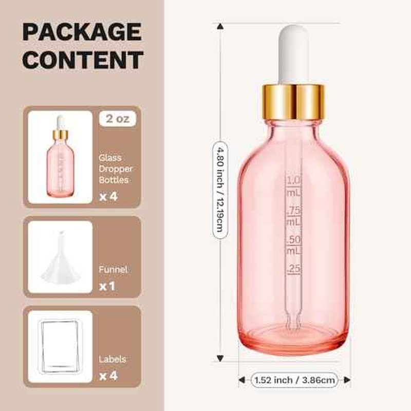 Bumobum 2 oz Dropper Bottle, Pink Glass Dropper Bottle with Measured Dropper & Golden Cap, Empty Eye Tincture Bottles with Funnel, Pipette & Labels for Essential Hair Oils Serums, 4 Pack
