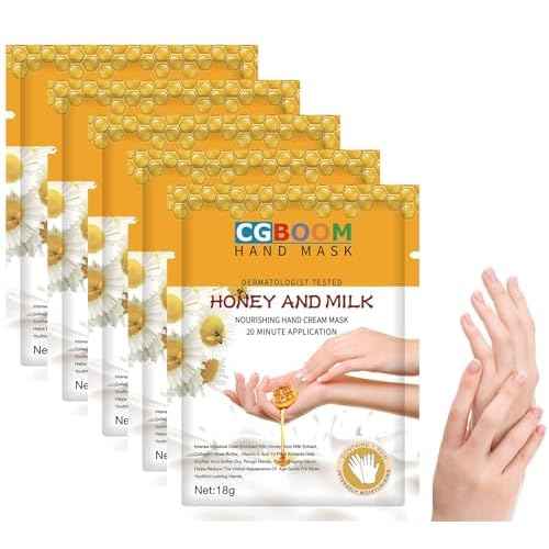 CGBOOM 5 Pairs Hand Masks Moisturizing Gloves, Hand Skin Repair Renew Mask Infused Collagen, Vitamins + Natural Plant Extracts for Dry, Aging, Cracked Hands (Honey and Milk)
