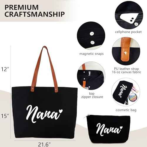 Lamyba Thanksgiving Christmas Gifts for Gigi Nana Mimi, Grandma Tote Bag with Makeup Bag, Black
