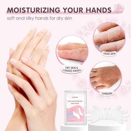 AUSLKA Hand Mask Moisturizing Glove 6 Pairs, Hand Care Moisturizing Gloves with Shea Butter, Hydrating Hand Masks, Hand Peeling Mask for Dry& Dead Skin, Men Women (Rose)