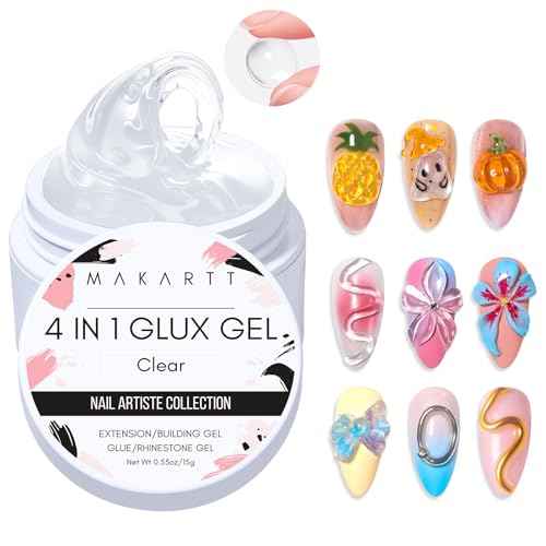 Makartt 3D Gel Nail Art: Clear Solid Builder Nail Gel 4 in 1 Non-sticky for Extension UV Glue for Acrylic Nails Rhinestones 3D sculpting Hard Gels UV/LED Lamp Required 15ml