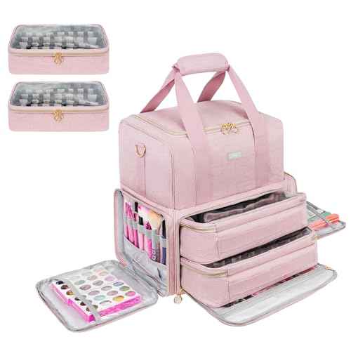 Nail Polish Organizer Holds 80 Bottles and a Nail Lamp,Nail Polish Carrying Case with 2 Removable Bags,Nail Organizers and Storage for Nail Tech,Portable Nail Polish Holder for Nail Supplies,Pink