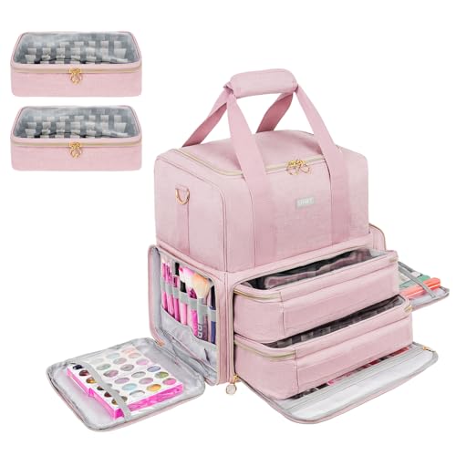 Nail Polish Organizer Holds 80 Bottles and a Nail Lamp,Nail Polish Carrying Case with 2 Removable Bags,Nail Organizers and Storage for Nail Tech,Portable Nail Polish Holder for Nail Supplies,Pink