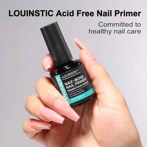LOUINSTIC Acid-Free Nail Primer 15ml - Hema-Free Nail Prep for UV Gel, Builder Gel, Gel Polish & Acrylic Nails - No-Burn & No-Lift - Quick Air Dry, Low-Odor, Low-Irritant, Salon & Home Use
