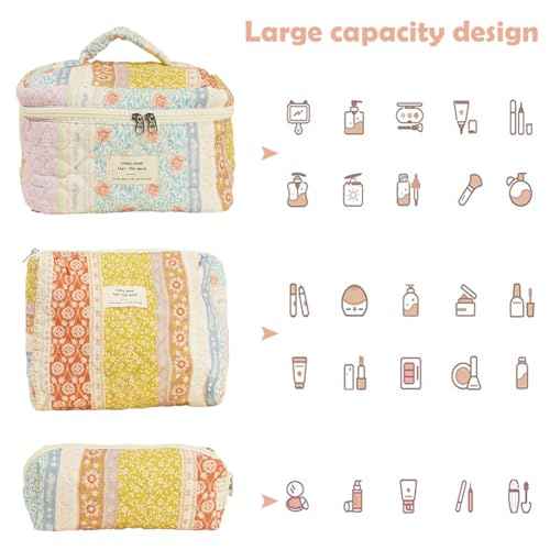 Generic Quilted Makeup Bag Set, Cute Cotton Floral Cosmetic Bags, 3 in 1 Set, Travel Toiletry Organizer