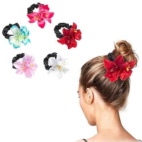 5pcs Pretty Colored Elastic Flower Hair Scrunchies Hair Ties with Bauhinia Flowers Deco Ponytail Hairball Hair Scrunchies for Girls Women