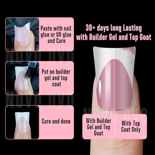 NOVO OVO French Tip Short Duck Nail Tips Press on, Pre-designed Soft Gel Nail Extension, BERRY PINK Pre-applied Tip Primer & Base Coat, Full Cover Matte Vrial False Nails for DIY x 12 Sizes 240 pcs