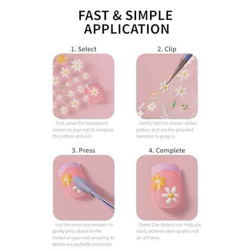 Nail Stickers, 4 Sheets Floral 5D Embossed, Self-Adhesive for DIY Manicure