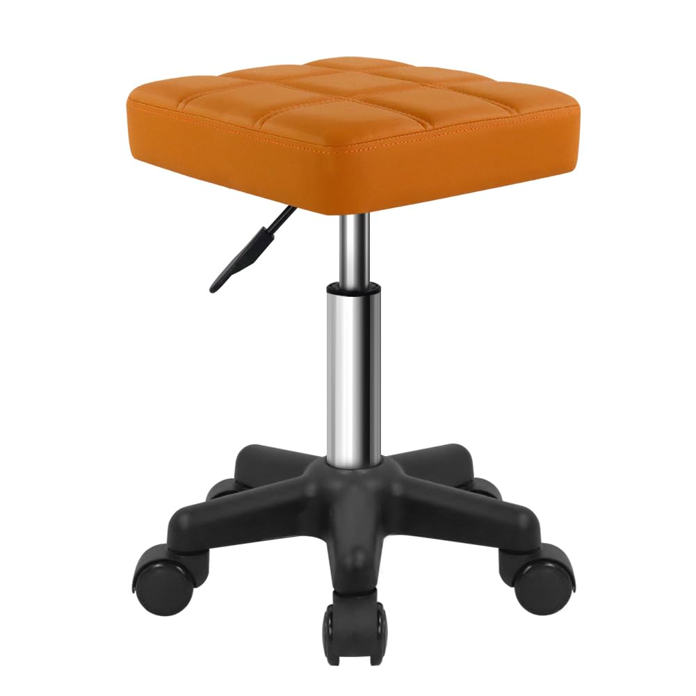 FURWOO Square Swivel Rolling Stool with Wheels PU Leather Height Adjustable Chair for Spa Salon Massage Pale Brown