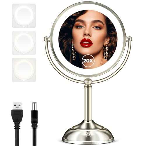 Makeup Mirror with Lights, 9" 20X Magnifying Mirror with Light and 3 Colors, Vanity Mirror with Lights and Adjustable Brightness, 2-Sided Desk Mirror with Light for Makeup, Nickel