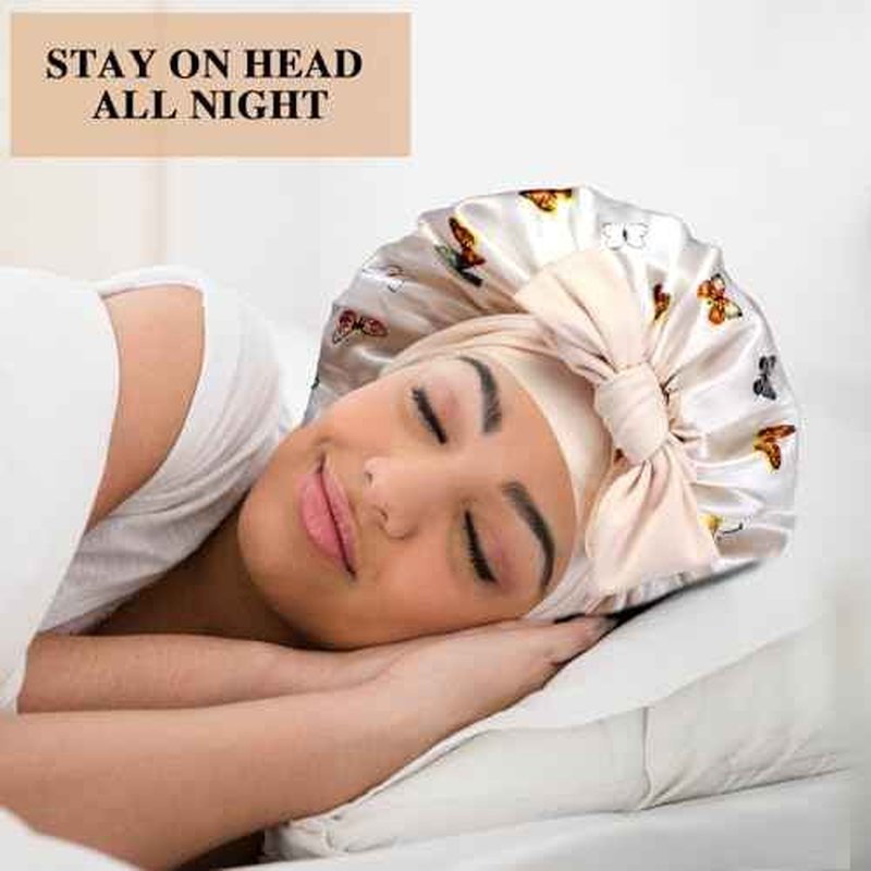 2+3 Large Satin Bonnets with Scrunchies for Women, Hair Bonnet Sleeping Tie Bonnet for Braids Curly Hair