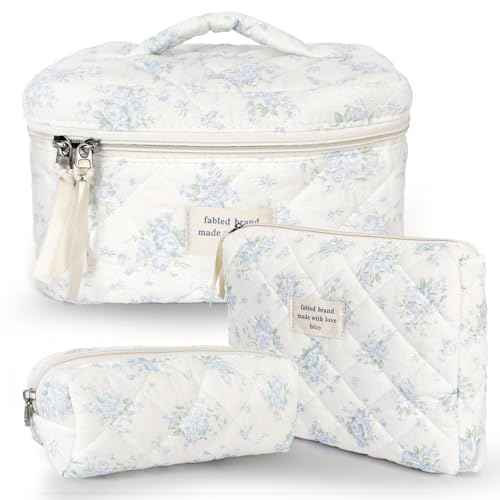 3Pcs Cotton Quilted Makeup Bag Large Travel Cosmetic Bag Coquette Makeup Pouch Cute Aesthetic Floral Toiletry Bag for Women Girls (flower-T)