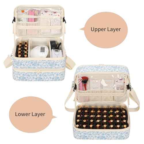 Ethereal Nail Polish Organizer Case Holds 50+ Bottles(15ml/0.5fl.oz) and Nail Lamp, Double Layer Nail Polish Storage Bag for Nail Kit, Manicure Tools,blue flower