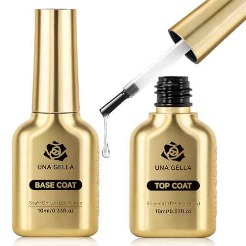 UNA GELLA No Wipe 2PCS Gel Top Coat Base Coat Set, Highly Glossy Top Coat Gel Nail Polish Strengthen and Acid-Free Clear Nail Base Soak Off, Key to Manicure for Her (U V Cure Need)