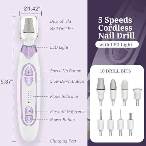 PELCAS Electric Toenail Grinder for Thick Toenails, Cordless Nail Drill, 5 Speeds Manicure and Pedicure Kit with LED Light, Electric Nail File for Human, Pet, Thick Toenails, Natural & Acrylic Nails