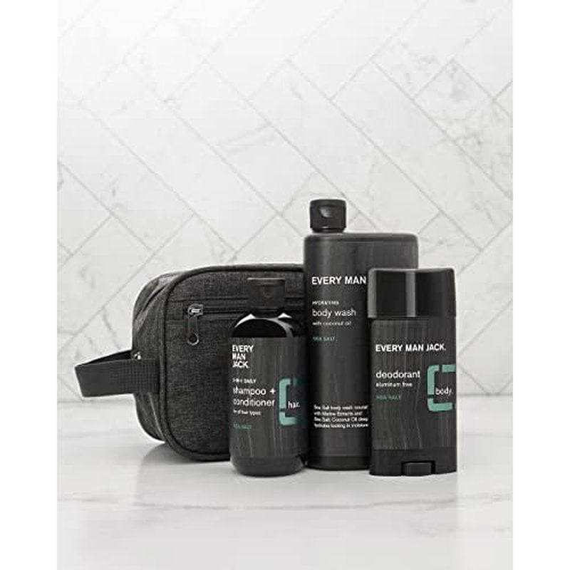 Every Man Jack Sea Salt Bath and Body Gift Set - Perfect for Every Guy - Three Grooming Essentials with Clean Ingredients - Body Wash, 2-in-1 Shampoo + Conditioner, Deodorant + Bonus Dopp Bag