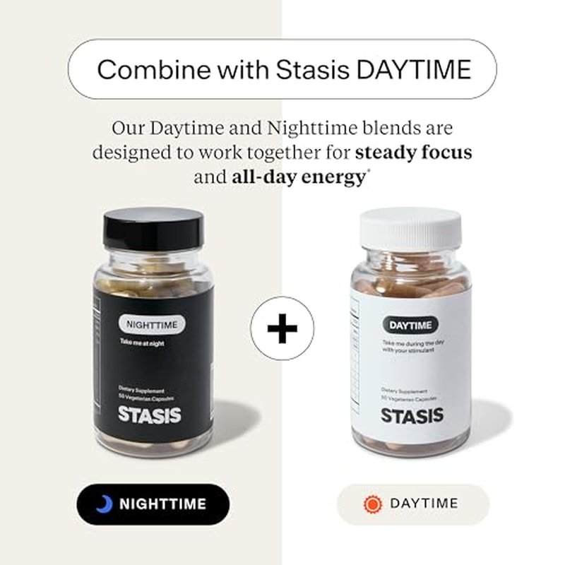 Stasis Nighttime - Calm and Sleep Capsules to Pair with Stimulant - Skullcap, Magnolia Bark, Magnesium for Sleep, and Astaxanthin Supplements for Relaxation and Mood Support - 25 Servings