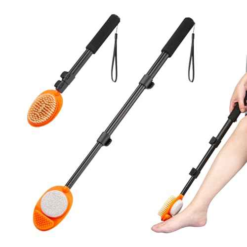 Foot Scrubber with Pumice Stone, 3 in 1 Adjustable Aluminum Tube 15¡±-28¡± Shower feet Dead Skin Remover, Foot Cleaning Brush for Seniors,Elderly, Disabled Men and Women