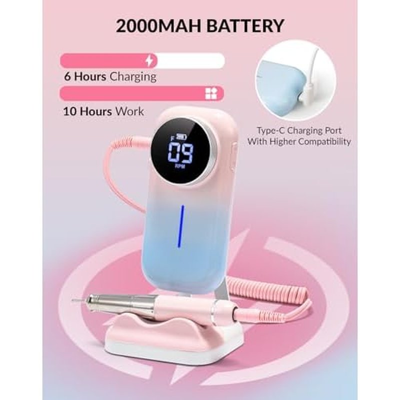 BAOSHISHAN Professional Nail Drill Machine, 20000RPM Electric Cordless Nail Drill with Base Pen Holder, Rechargeable Nail File 11 Drill Bits for Remove Gel Acrylic Nail