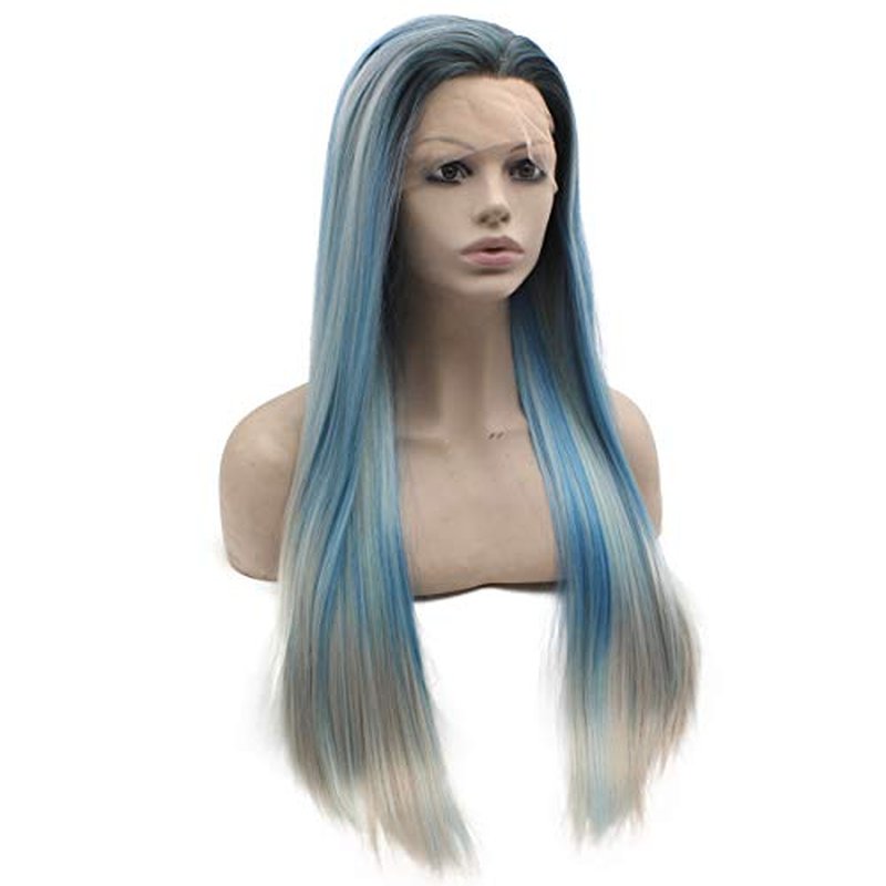Peakia Long Straight Black Blue Gray Ombre Half Hand Tied Synthetic Lace Front Wig