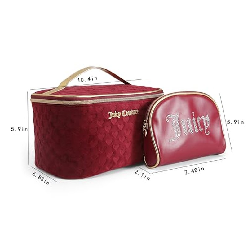 Juicy Couture Red Makeup Bag Cosmetics Organizer Travel Essentials Train Case Coin Purse Velour Heart Faux Leather Rhinestone