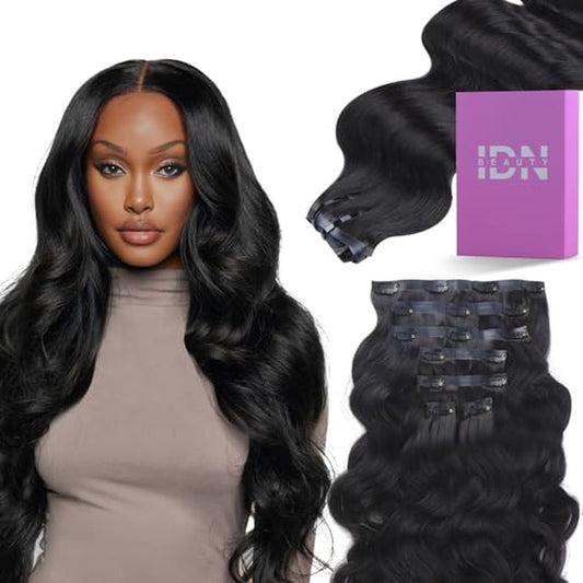 IDN BEAUTY Seamless Clip In Hair Extensions Human Hair, Body Wave 14 Inch 110g 7pcs Natural Black Real Virgin Human Hair Seamless Clip Ins For Black Women PU Weft Invisible Edge