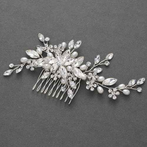 SWEETV Wedding Hair Comb Pearl Bride Hair Pins Flower Hair Piece Rhinestone Bridal Hair Accessories for Women and Girls