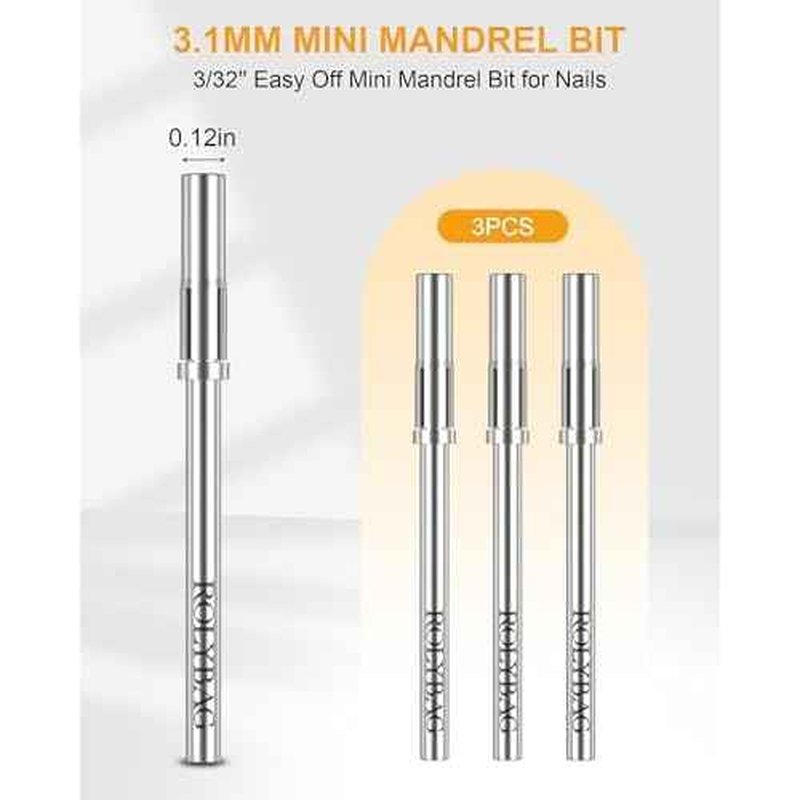 Rolybag Mandrel Nail Drill Bit, Mandrel Bit for Small Sanding Bands, 3/32'' Easy Off Mini Mandrel Bit for Nails, Suitable for Acrylic Nails Gel Manicures, Silver Mandrel Drill Bit 38mm x 3.1mm