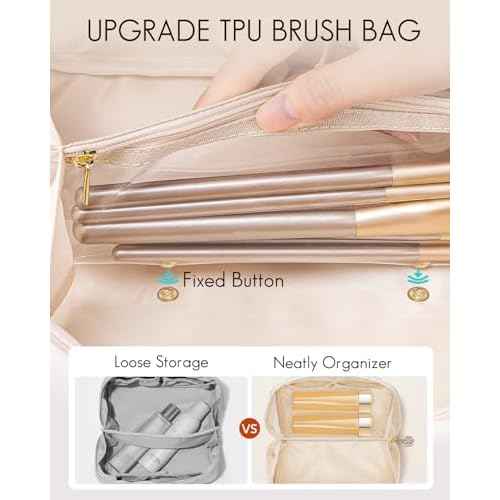 Vlando Makeup Bag,Large Capacity Toiletry Bag for Women Waterproof Portable Make up Pouch PU Leather Open Flat Cosmetic Bag(Sand Pink)