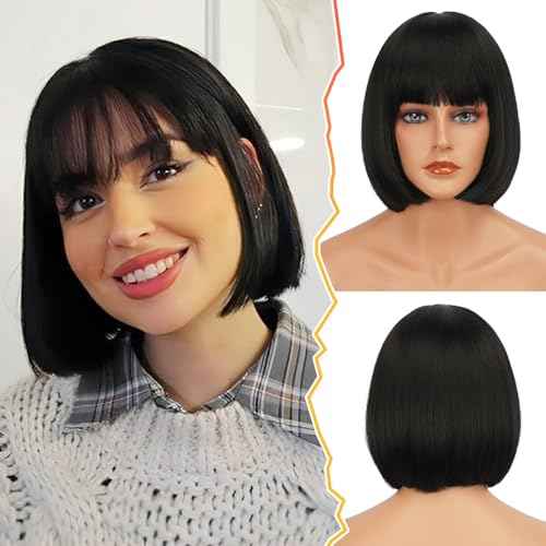 BARSDAR Short Black Bob Wig With Bangs - Short Black Bob Wig With Bangs for Women - 12 Inch Chin-Length Natural Looking Soft Synthetic Hair Replacement Daily Halloween Velma Kelly Mia Wallace Wigs