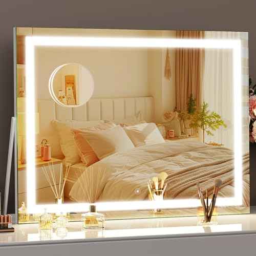 Vanity Mirror with Lights, 15"¡¿ 11" LED Makeup Mirror, Lighted Makeup Mirror with Lights, Smart Touch Control Dimmable 3 Modes Light 360¡ÆRotation White