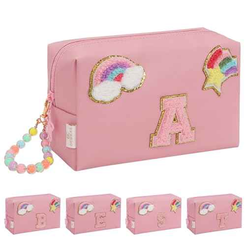 Personalized Initial Makeup Bag, Birthday Gifts for Girls 4 5 6 7 8 9 10 11 12 13 14 15 Years Old, Cute Cosmetic Bag Small Toiletry Bag Travel Make Up Organizer, Gift for Teen Girl Women Friend, Pink